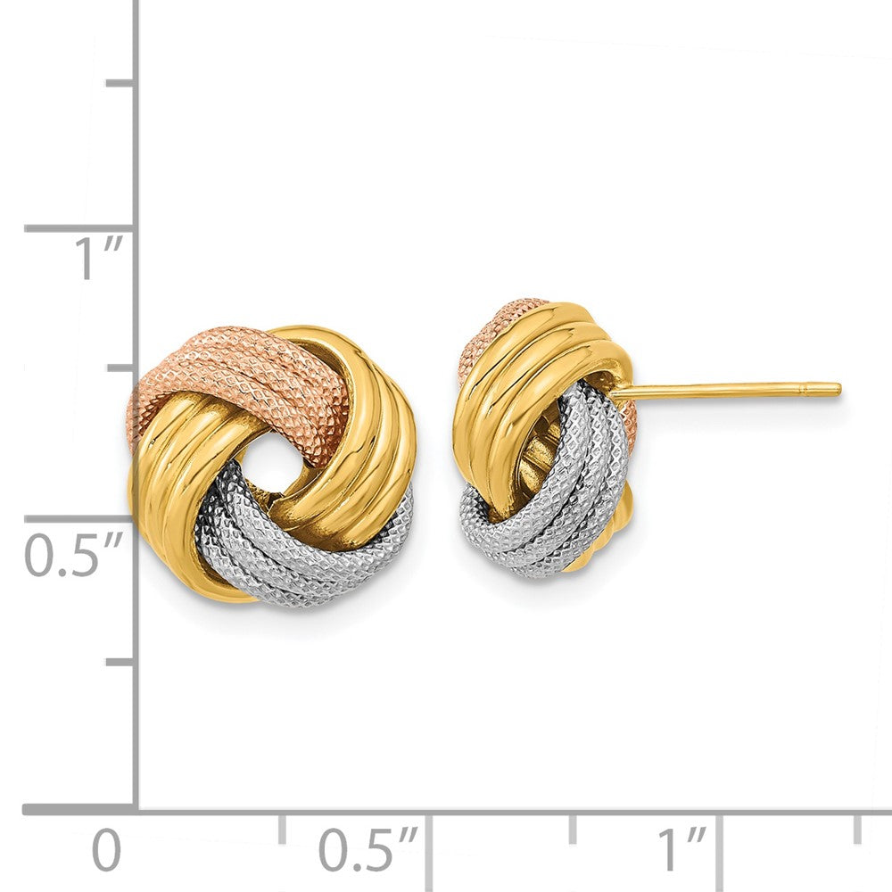 14K Yellow & Rhodium W/White Rose Rhod Pol Textured Triple Love Knot Post Earrings