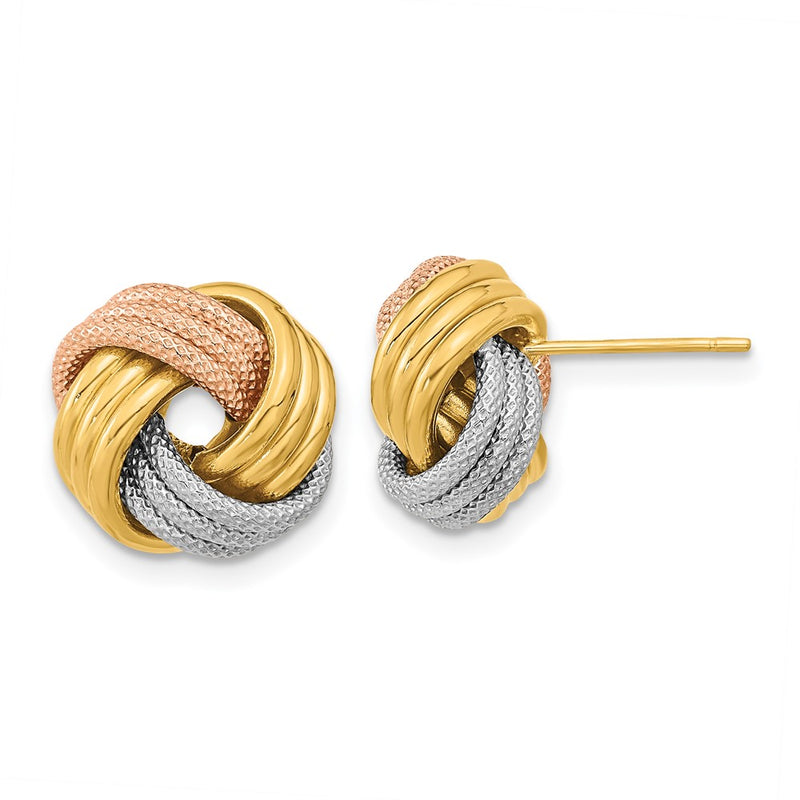 14K Yellow & Rhodium W/White Rose Rhod Pol Textured Triple Love Knot Post Earrings
