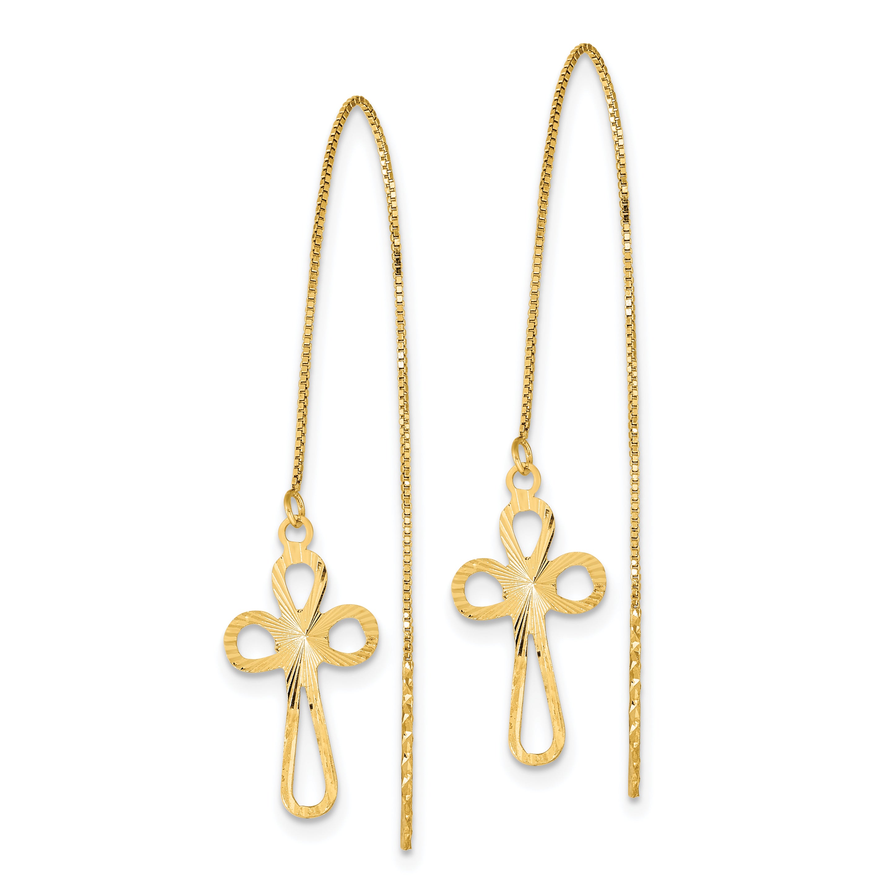 14K Yellow Gold Polished D/C Box Chain W/Cross Threader Earrings