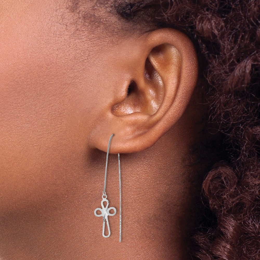 14K White Gold Polished D/c Box Chain W/cross Threader Earrings