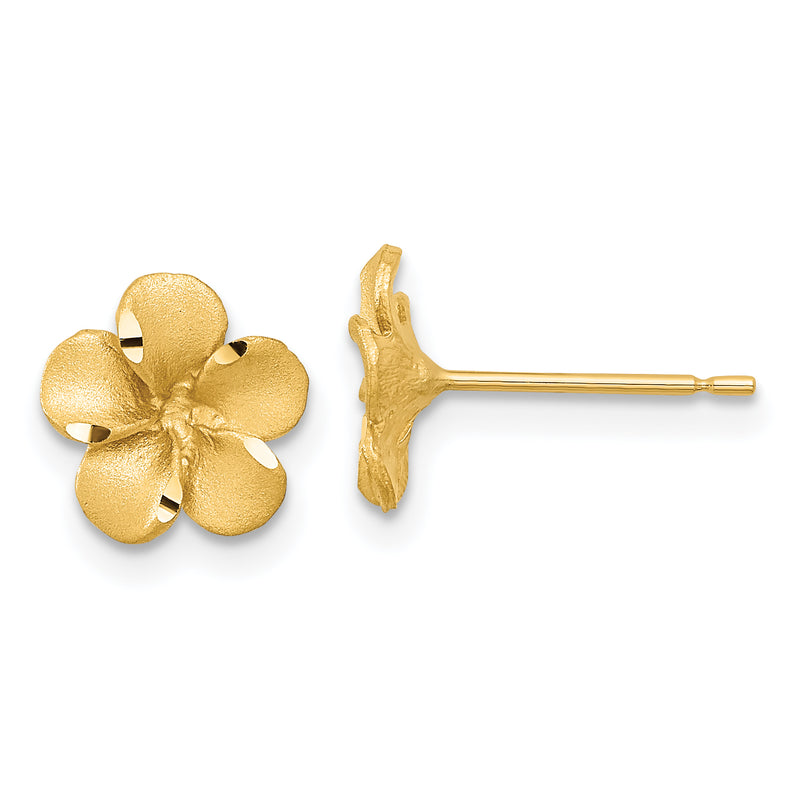 14K Yellow Gold Satin Diamond-Cut Plumeria Post Earrings