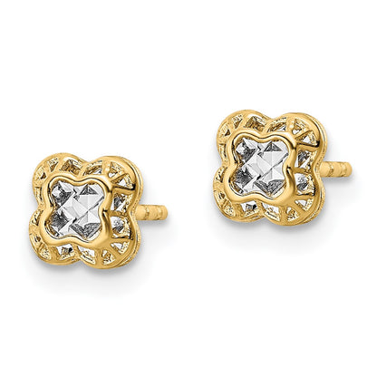 14K Yellow & Rhodium W/Rhodium Center Floral Shape Post Earrings