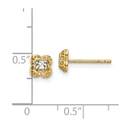 14K Yellow & Rhodium W/Rhodium Center Floral Shape Post Earrings