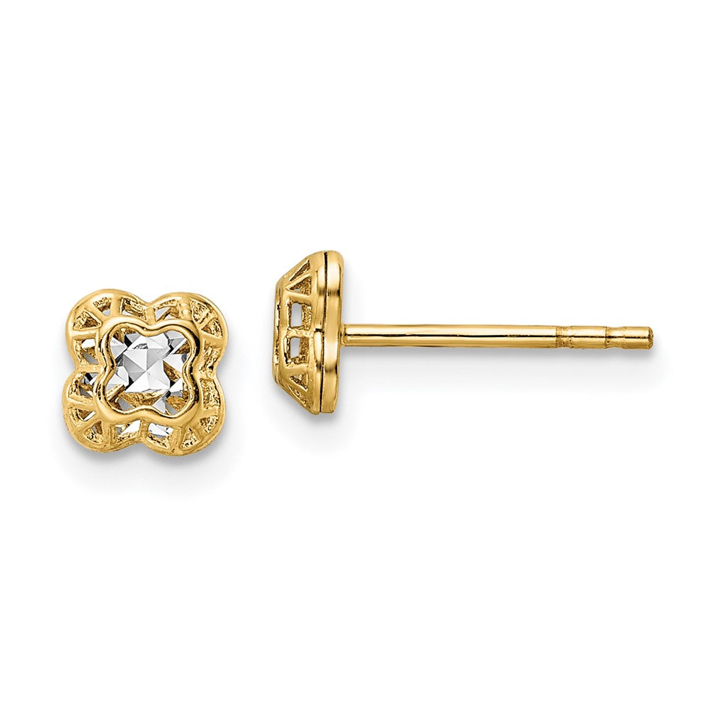 14K Yellow & Rhodium W/Rhodium Center Floral Shape Post Earrings