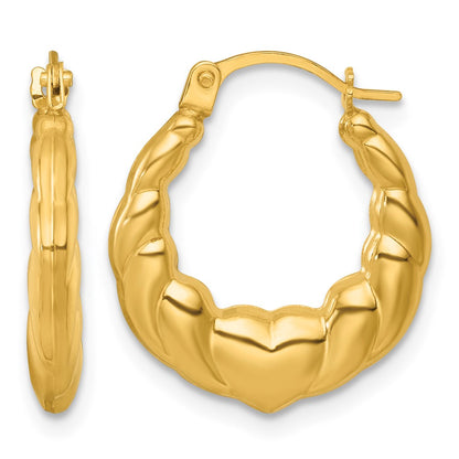 14K Yellow Gold Polished Hearts Hoop Earrings