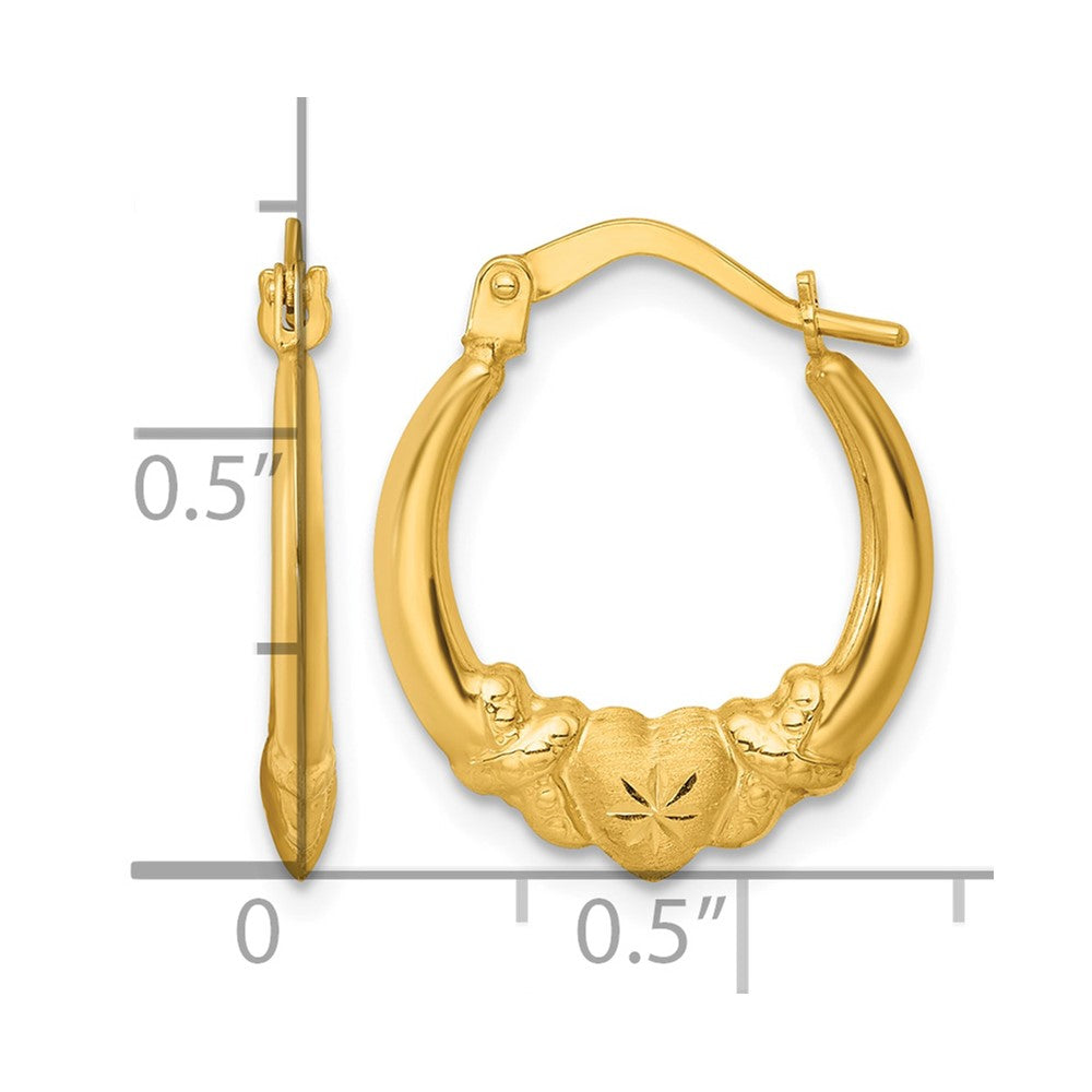14K Yellow Gold Polished Brushed and Diamond-Cut Heart Hoop Earrings