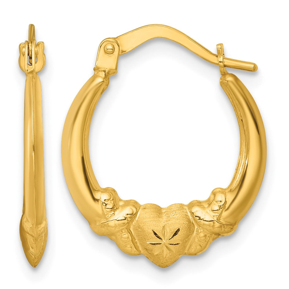 14K Yellow Gold Polished Brushed and Diamond-Cut Heart Hoop Earrings