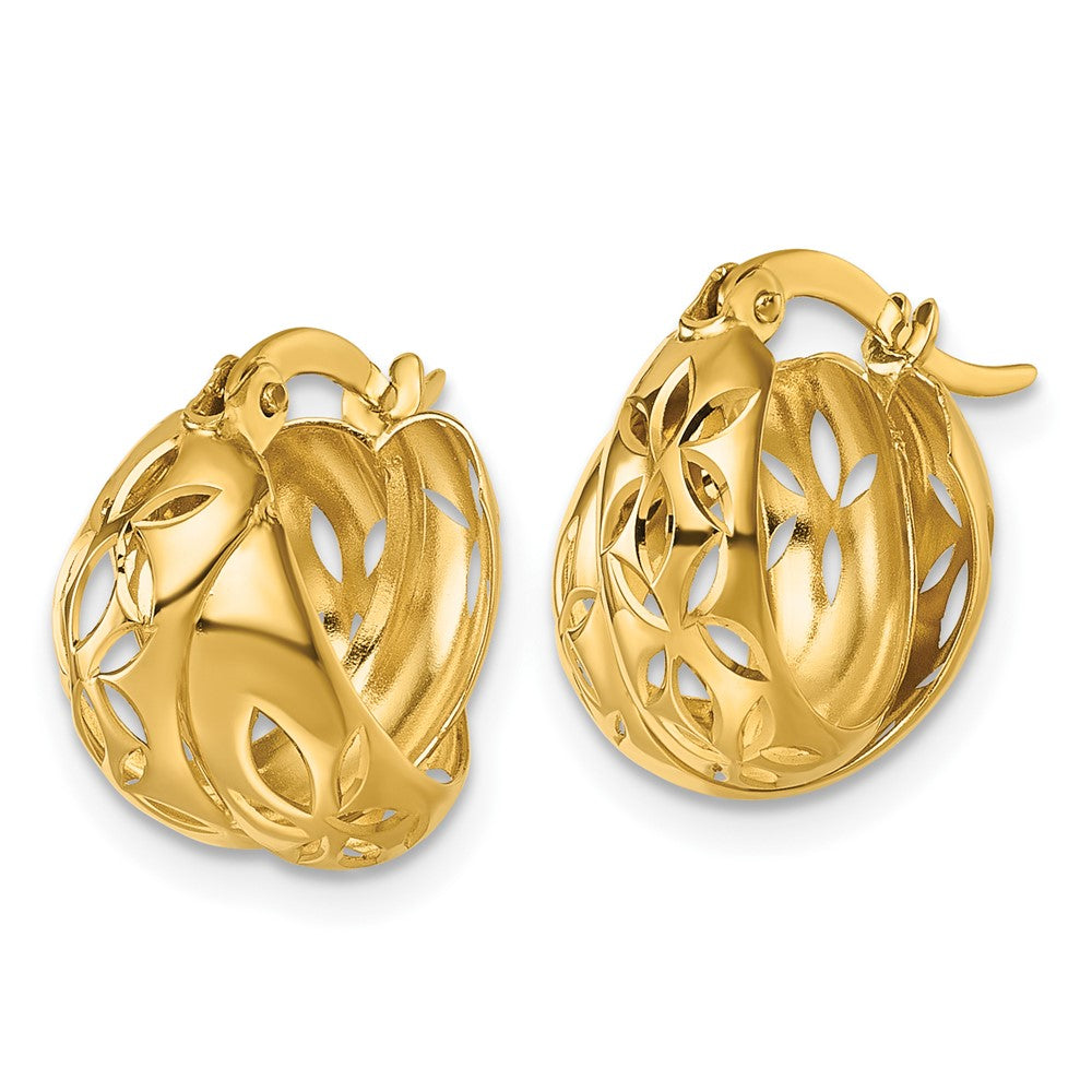 14K Yellow Gold Polished W/cut Out Floral Design Hoop Earrings