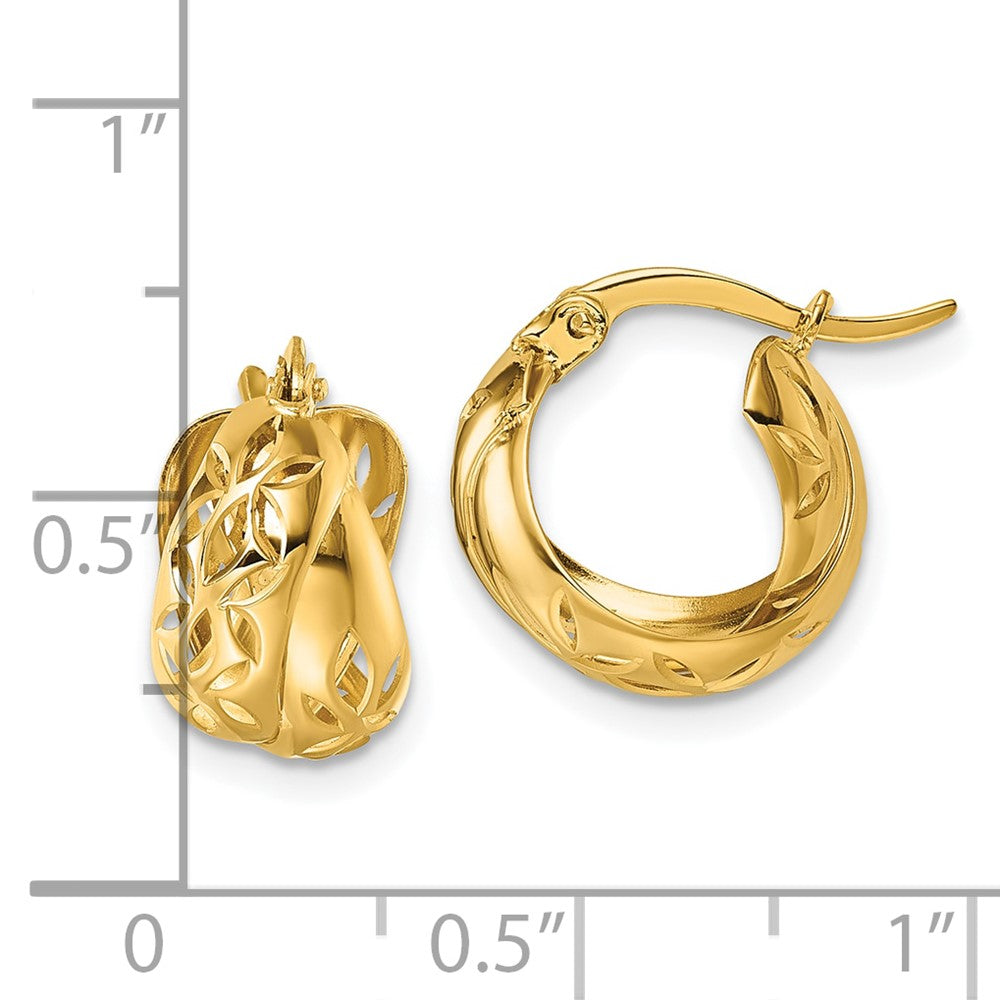 14K Yellow Gold Polished W/cut Out Floral Design Hoop Earrings