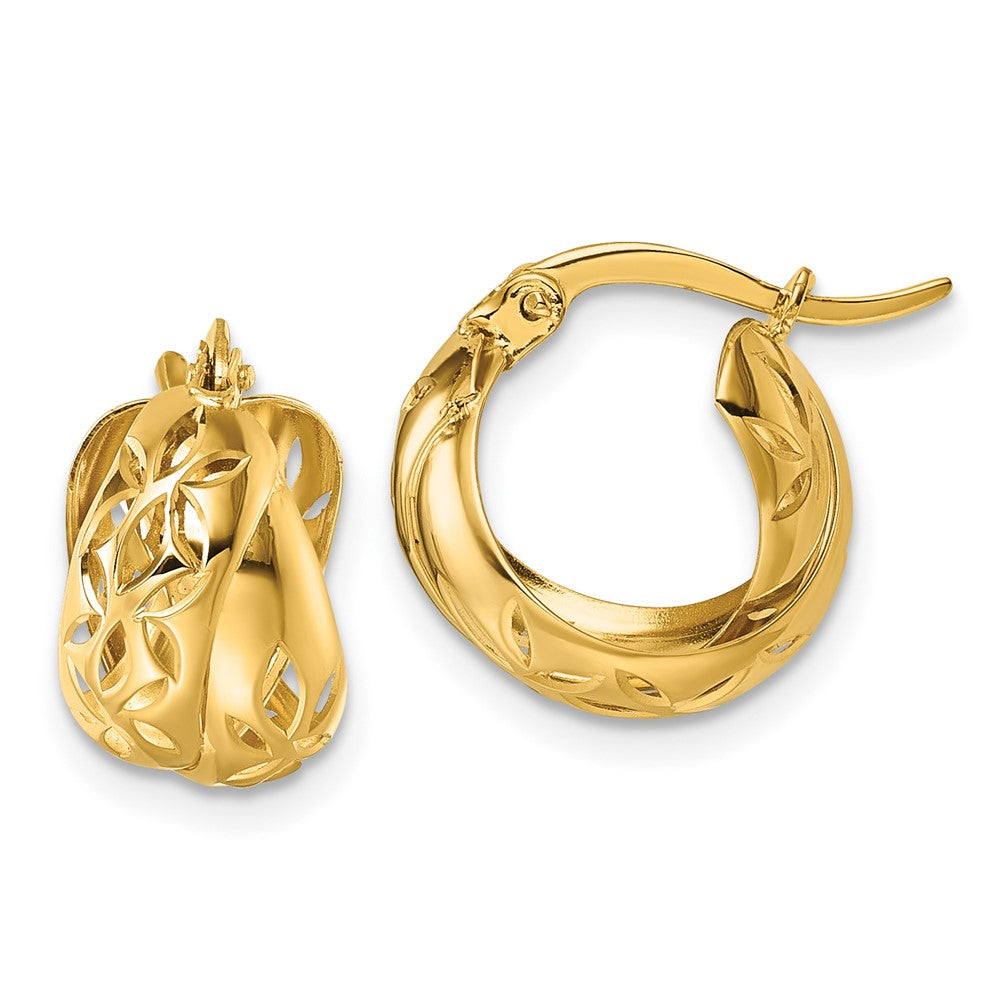 14K Yellow Gold Polished W/cut Out Floral Design Hoop Earrings