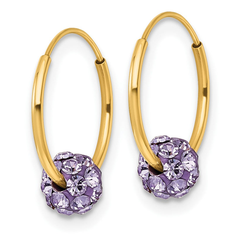14K Yellow Gold Polished Lavender Crystal and Resin Endless Hoop Earrings