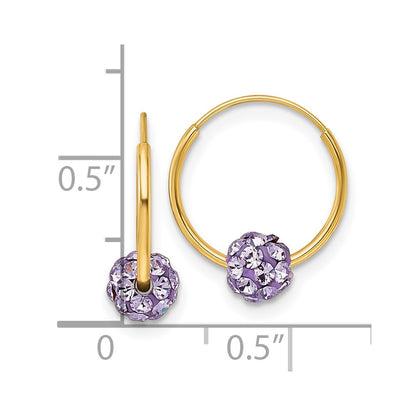 14K Yellow Gold Polished Lavender Crystal and Resin Endless Hoop Earrings