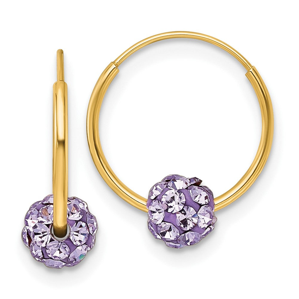 14K Yellow Gold Polished Lavender Crystal and Resin Endless Hoop Earrings