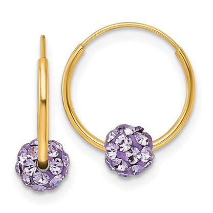 14K Yellow Gold Polished Lavender Crystal and Resin Endless Hoop Earrings