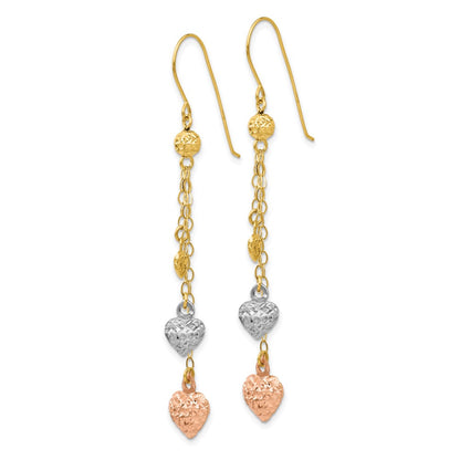 14K Tri-Color Puff Heart Dangle Earrings