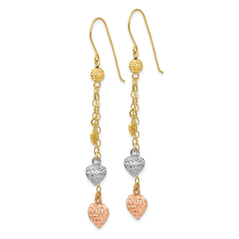 14K Tri-Color Puff Heart Dangle Earrings
