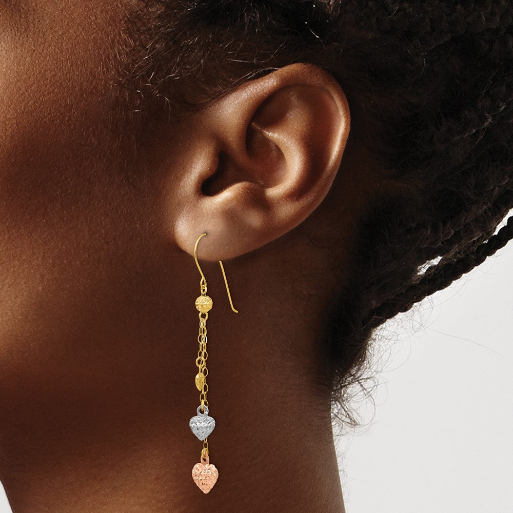 14K Tri-Color Puff Heart Dangle Earrings