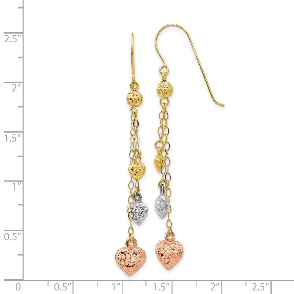 14K Tri-Color Puff Heart Dangle Earrings