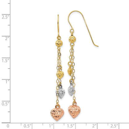 14K Tri-Color Puff Heart Dangle Earrings