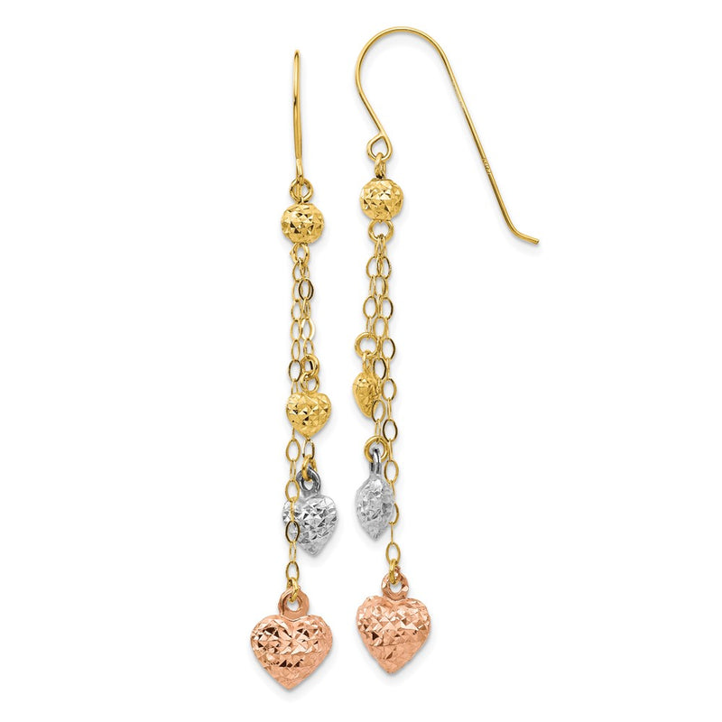 14K Tri-Color Puff Heart Dangle Earrings