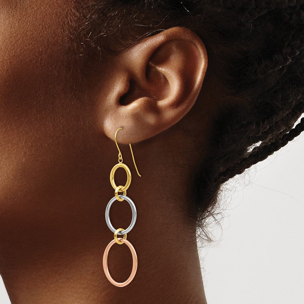 14K Tri-Color Triple Circle Dangle Earrings