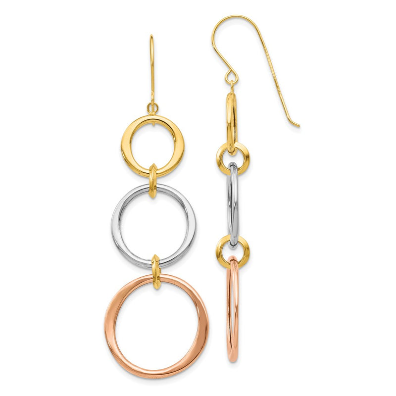 14K Tri-Color Triple Circle Dangle Earrings