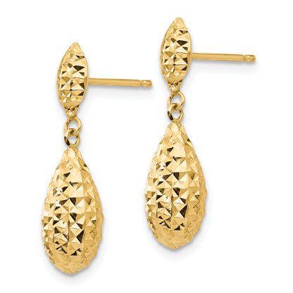 14K Yellow Gold Diamond-Cut Puff Teardrop Dangle Earrings