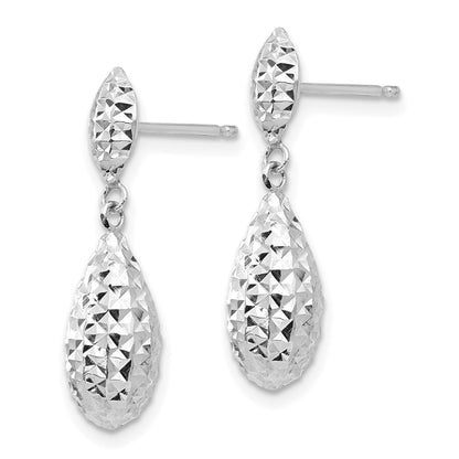 14K White Gold Diamond-Cut Puff Teardrop Dangle Earrings
