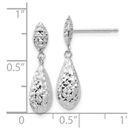 14K White Gold Diamond-Cut Puff Teardrop Dangle Earrings