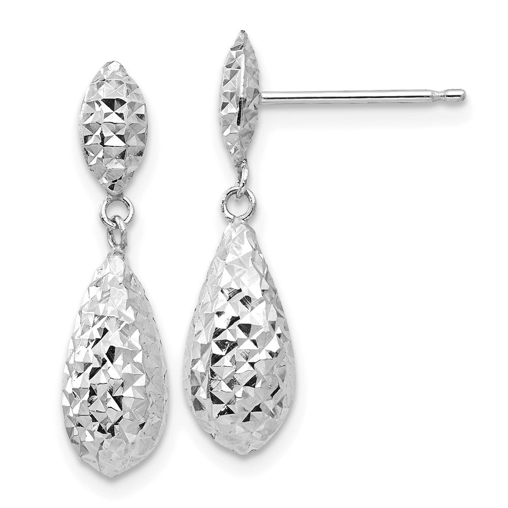 14K White Gold Diamond-Cut Puff Teardrop Dangle Earrings