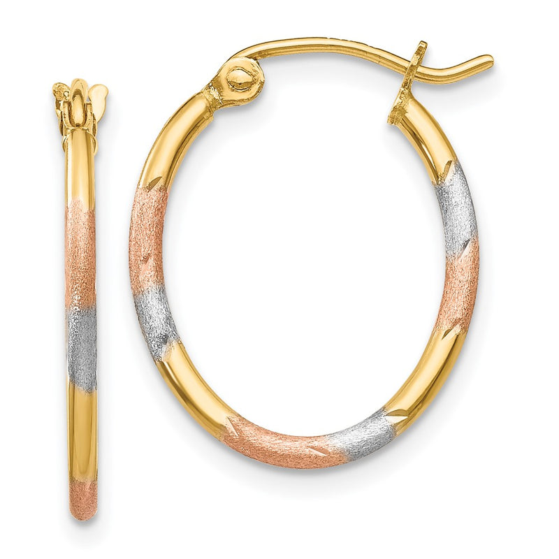 14K Yellow & Rhodium W/White And Rose Diamond Cut Hoop Earrings