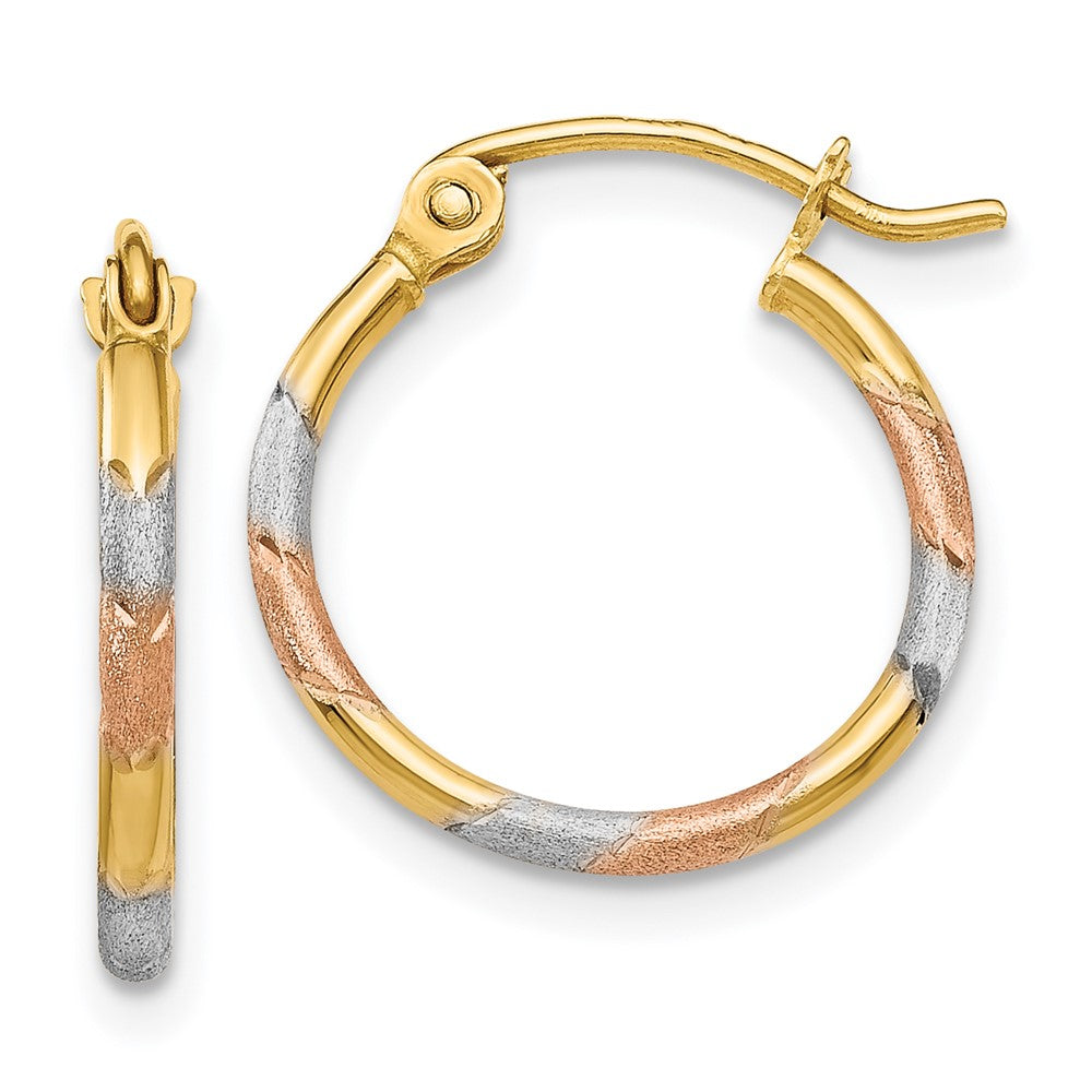 14K Yellow & Rhodium W/White And Rose 1.5mm Satin D/C Hoop Earrings