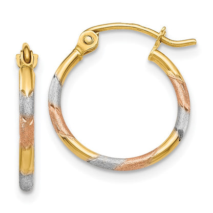 14K Yellow & Rhodium W/White And Rose 1.5mm Satin D/C Hoop Earrings