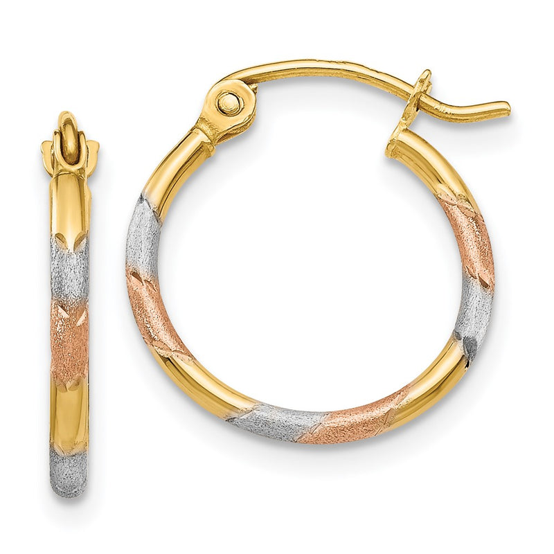 14K Yellow & Rhodium W/White And Rose 1.5mm Satin D/C Hoop Earrings