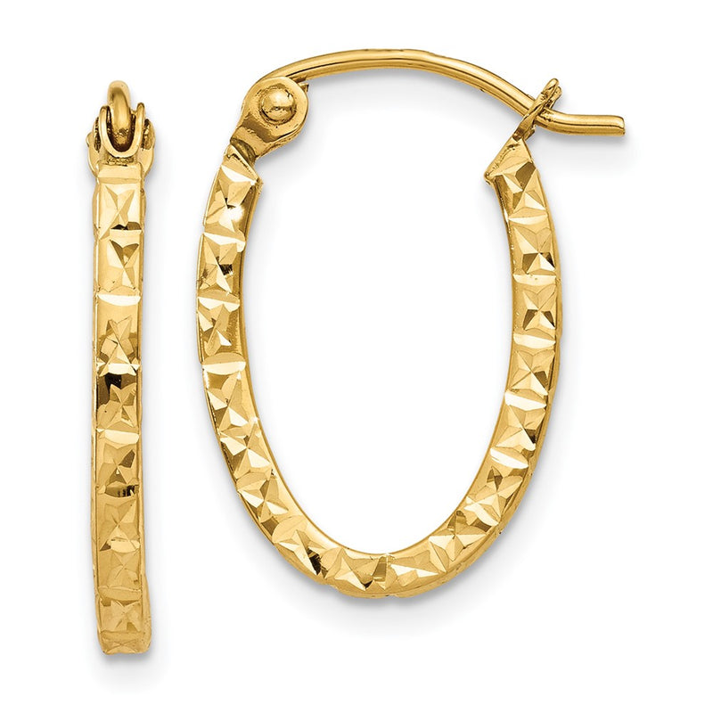 14K Yellow Gold Diamond Cut Oval Hollow Hoop Earrings