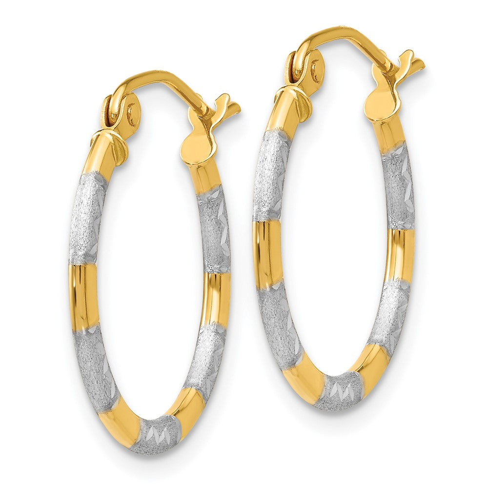 14K Yellow & Rhodium W/White Diamond Cut Hoop Earrings