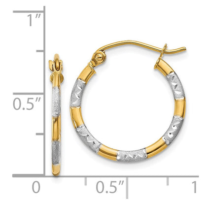 14K Yellow & Rhodium W/White Diamond Cut Hoop Earrings