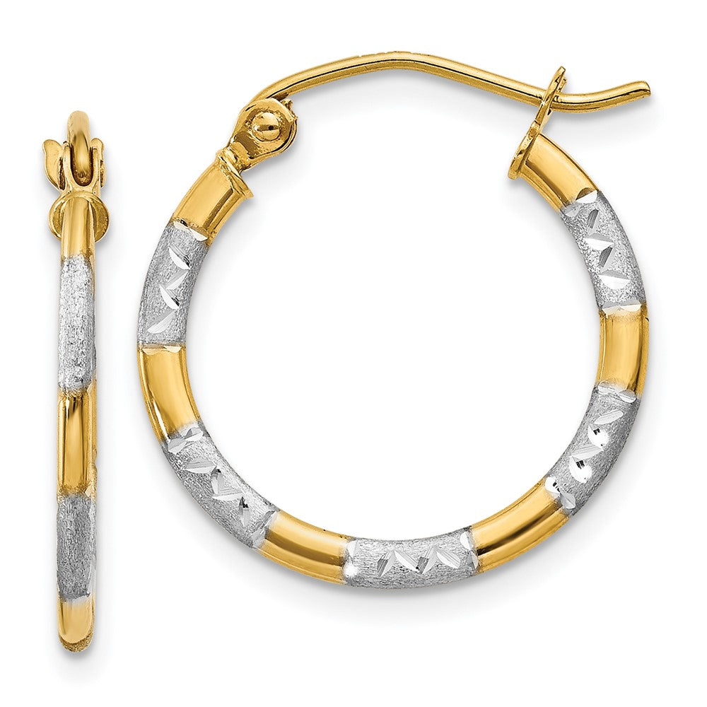 14K Yellow & Rhodium W/White Diamond Cut Hoop Earrings