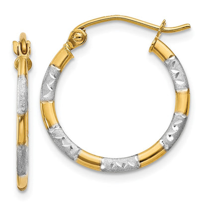14K Yellow & Rhodium W/White Diamond Cut Hoop Earrings