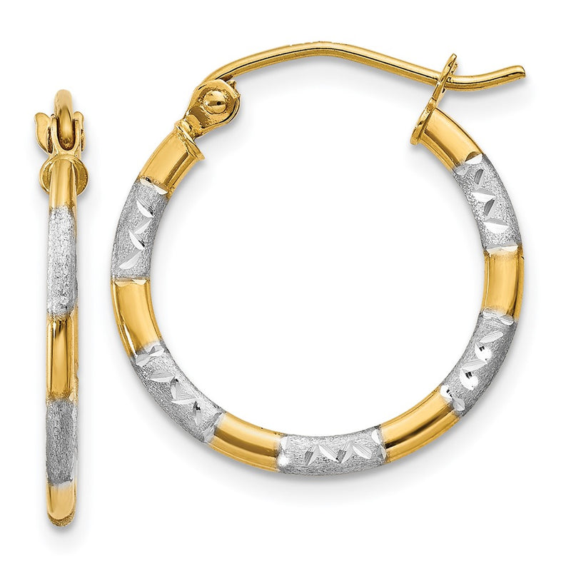 14K Yellow & Rhodium W/White Diamond Cut Hoop Earrings