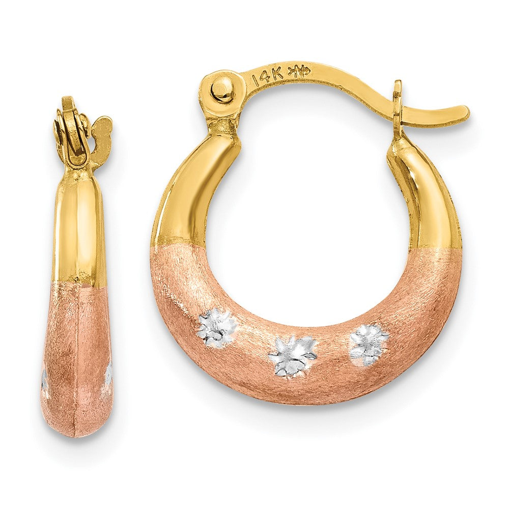 14K Yellow & Rhodium White And Rose Flower Hoop Earrings