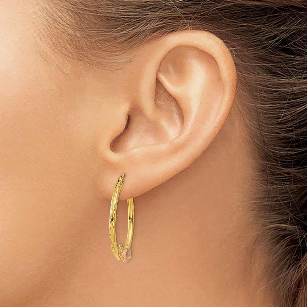 14K Two-Tone & Rose Heart D/C Hoop Earrings