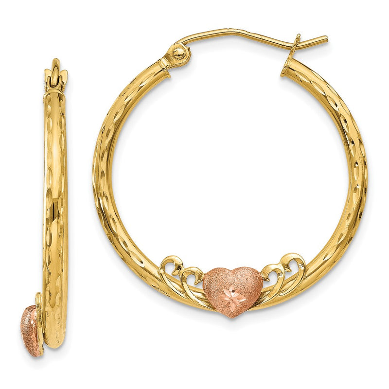 14K Two-Tone & Rose Heart D/C Hoop Earrings