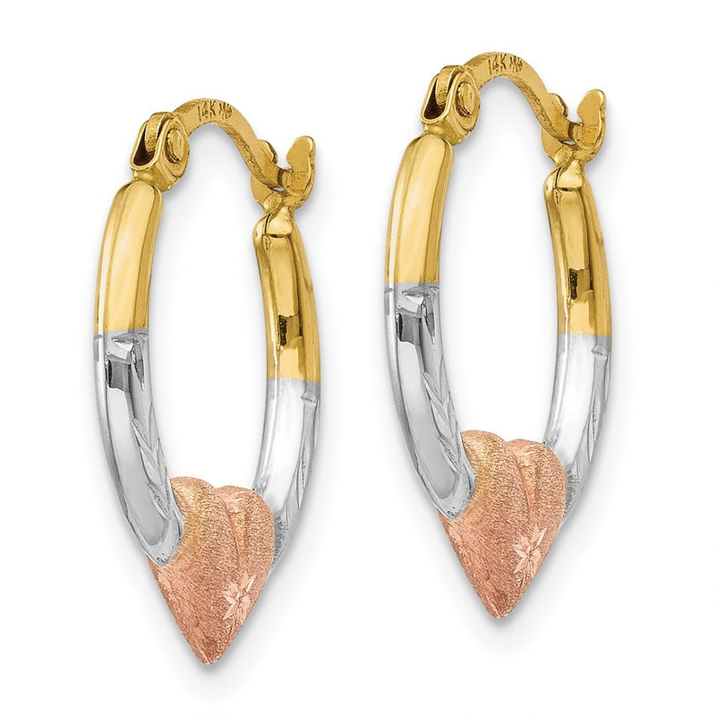 14K Yellow & Rhodium White And Rose Heart Hoop Earrings