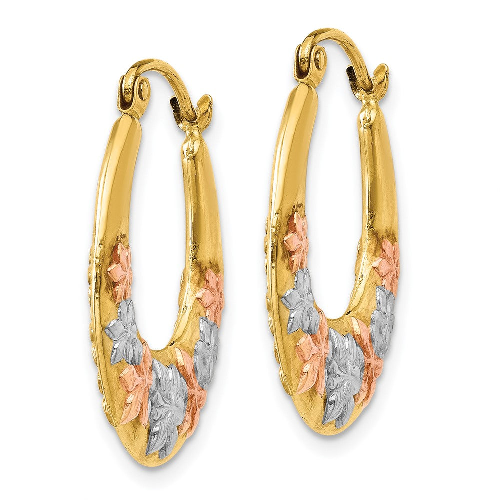 14K Yellow & Rhodium White And Rose Hollow Flowers Hoop Earrings