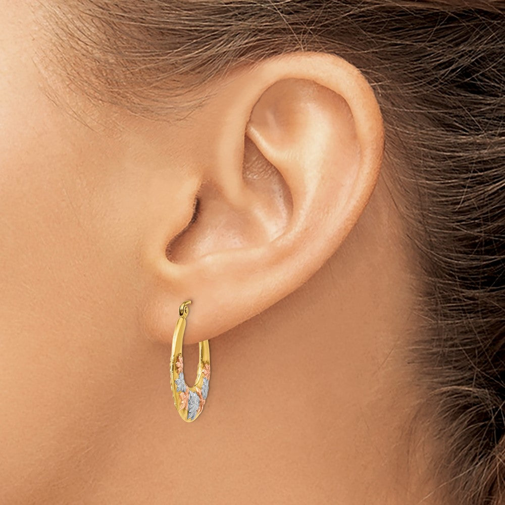 14K Yellow & Rhodium White And Rose Hollow Flowers Hoop Earrings