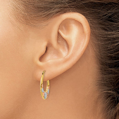 14K Yellow & Rhodium White And Rose Hollow Flowers Hoop Earrings