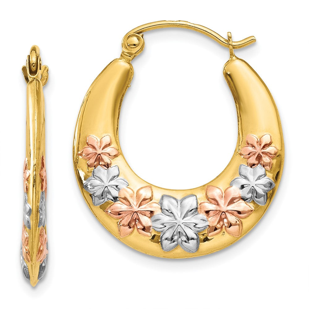 14K Yellow & Rhodium White And Rose Hollow Flowers Hoop Earrings