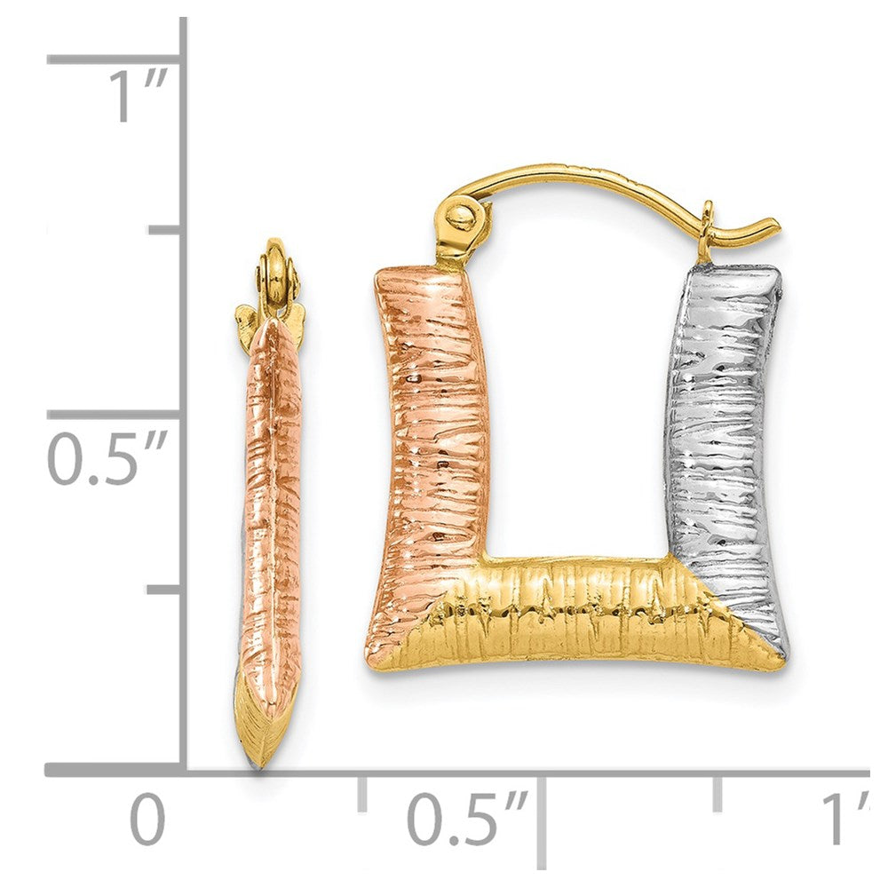 14K Yellow & Rhodium White Rose Hollow Textured Square Hoop Earrings