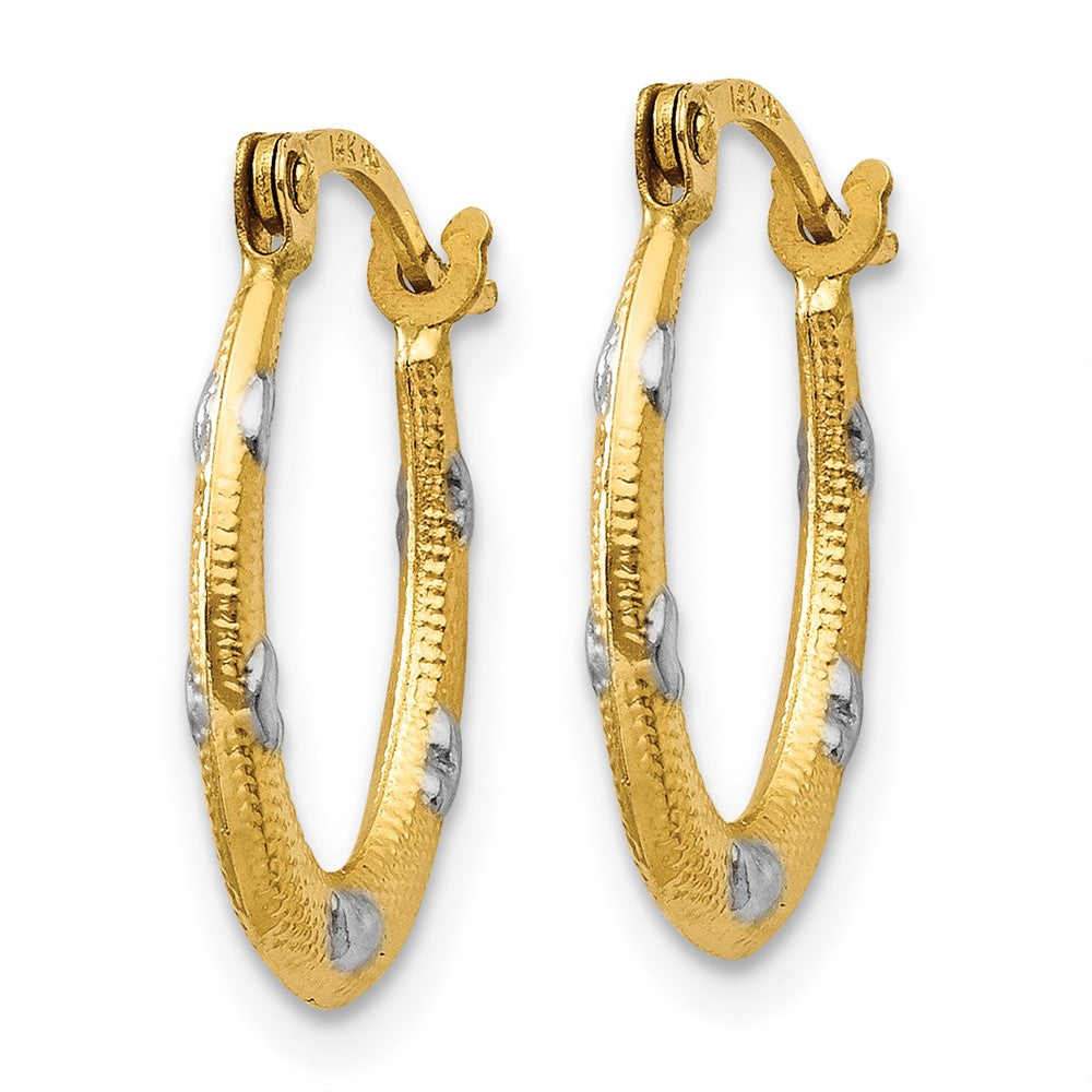 14K Yellow & Rhodium Textured Hollow Oval W/ Hearts Hoop Earrings